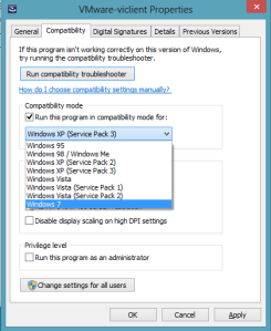 Windows8 vSphere Client Compatibility Settings